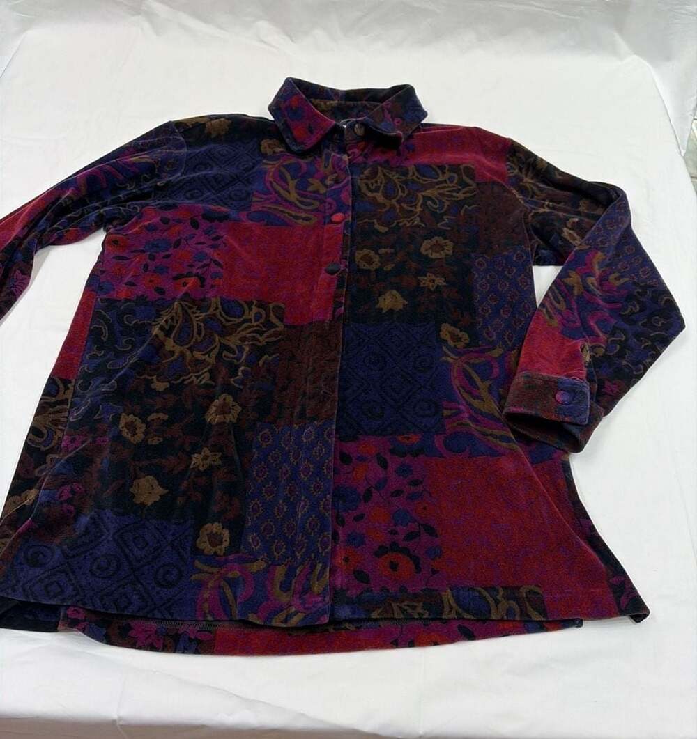Erika Collection Women's Size L Button-Up Patchwork Velvet Floral Shirt Jacket